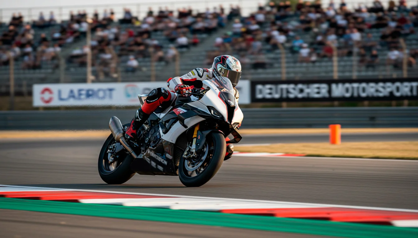 MotoGP-Motorradfahrer in Schräglage auf der Rennstrecke